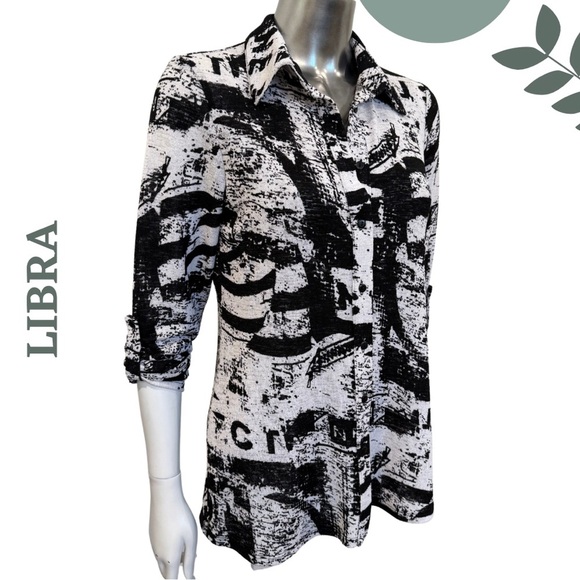 🛍️3/$40 Libra Graphic Black & White Tunic Button-Up Shirt | Made in Canada Sz XS - Picture 3 of 6